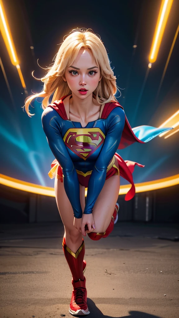 beautiful detailed girl in a skin-tight superhero costume, supergirl, full body, realistic, photorealistic, 8k, high quality, hyper detailed, cinematic lighting, dramatic pose, dynamic action, vibrant colors, glowing energy effects