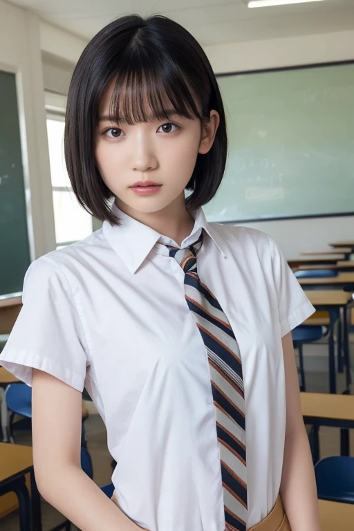 nsfw, Browsing Caution,Highest quality,Ultra-high resolution,1 person,whole body,Black hair, cool expression,Looking into the camera,Beautiful and elaborate face,Fine and beautiful skin,Skin Texture,high school student, short hair, bangs, nude, tie,Small breasts,Classroom after school,Standing pose