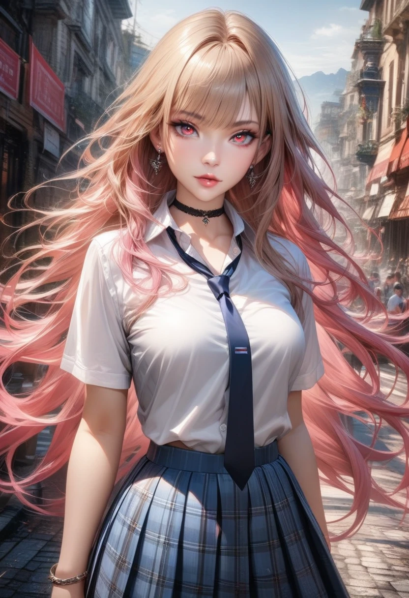 photo, 8k, intricate, elegant, highly detailed, majestic, digital photography, (finely detailed beautiful eyes:1.2), hdr, realistic, high resolution, (best quality, masterpiece:1.2), ultra detailed, 1girl, marin kitagawa, long hair, bangs, blonde hair, red eyes, multicolored hair, pink hair, medium breasts, lips, skirt, shirt, jewelry, school uniform, white shirt, pleated skirt, earrings, necktie, choker, bracelet, blue skirt, plaid, black choker, plaid skirt, standing, (looking at viewer), (front view), outdoors,