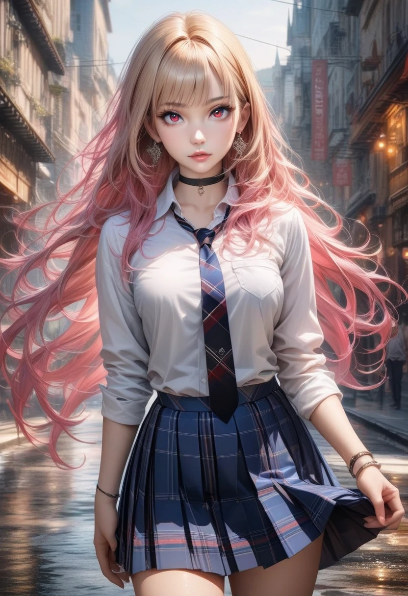 photo, 8k, intricate, elegant, highly detailed, majestic, digital photography, (finely detailed beautiful eyes:1.2), hdr, realistic, high resolution, (best quality, masterpiece:1.2), ultra detailed, 1girl, marin kitagawa, long hair, bangs, blonde hair, red eyes, multicolored hair, pink hair, medium breasts, lips, skirt, shirt, jewelry, school uniform, white shirt, pleated skirt, earrings, necktie, choker, bracelet, blue skirt, plaid, black choker, plaid skirt, standing, (looking at viewer), (front view), outdoors,