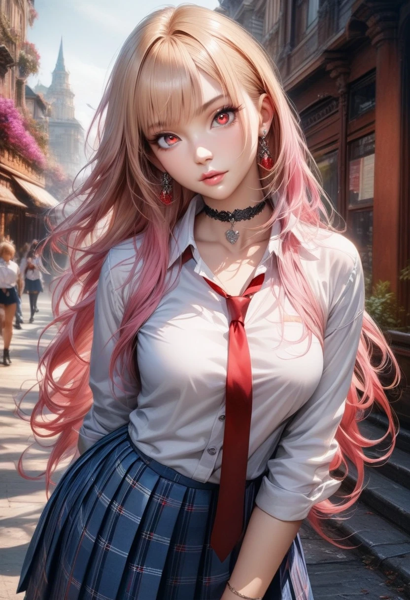 photo, 8k, intricate, elegant, highly detailed, majestic, digital photography, (finely detailed beautiful eyes:1.2), hdr, realistic, high resolution, (best quality, masterpiece:1.2), ultra detailed, 1girl, marin kitagawa, long hair, bangs, blonde hair, red eyes, multicolored hair, pink hair, medium breasts, lips, skirt, shirt, jewelry, school uniform, white shirt, pleated skirt, earrings, necktie, choker, bracelet, blue skirt, plaid, black choker, plaid skirt, standing, (looking at viewer), (front view), outdoors,