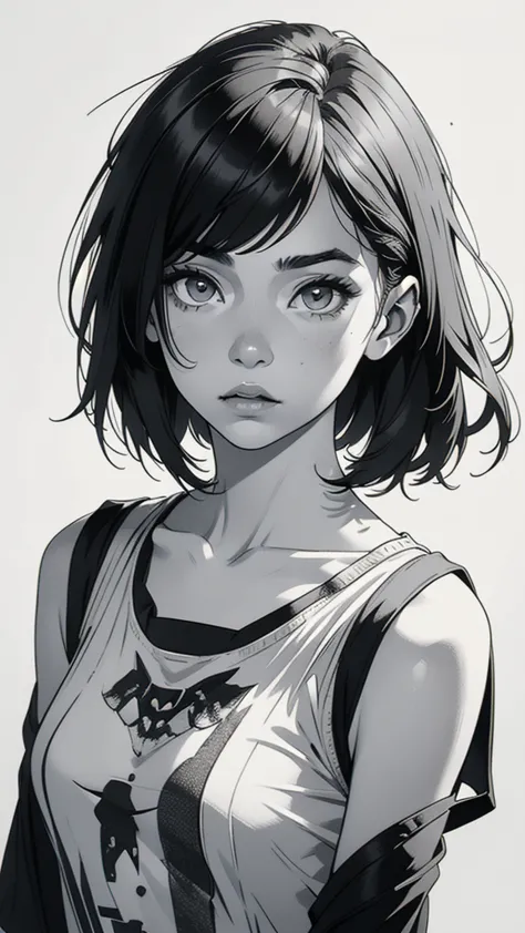 1 boyish girl, solo, sharp eyes, monochrome, greyscale, shoulder length black bangs hair, portrait, (blank white t-shirt), thin ...