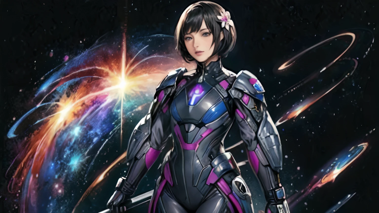 278 (20-year-old woman,short hair) , flower, Futuristic clothing, machinery suit, (The background is a galaxy and nebula)