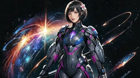 278 (20-year-old woman,short hair) , flower, futuristic clothing, machinery suit, (the background is a galaxy and nebula)