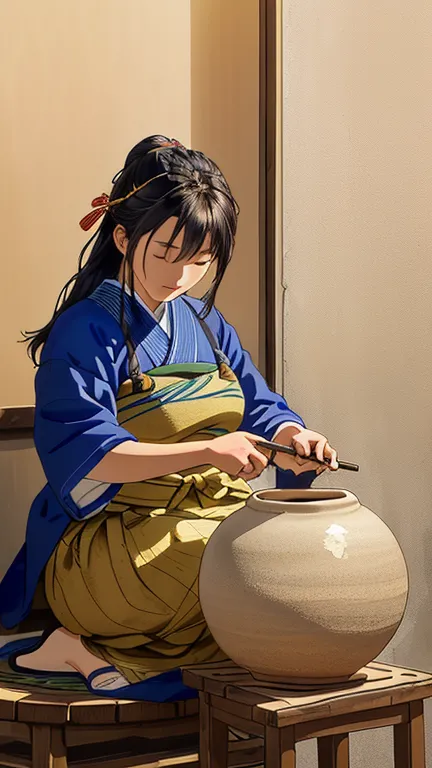 arafed woman making a pot on a wheel in a pottery shop, pottery, ceramic, artisanal art, japanese pottery, beginner, pot, artist...