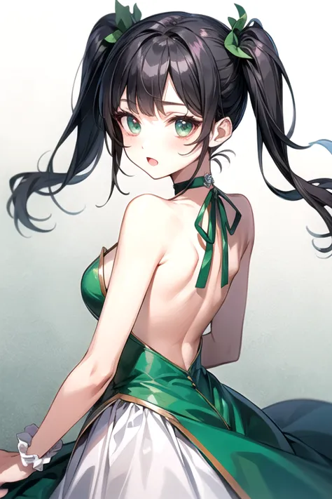 (highest quality)、(highest quality)、cute、(choker).eyes are emerald、(twin tails)、(black hair)、(backless dress).