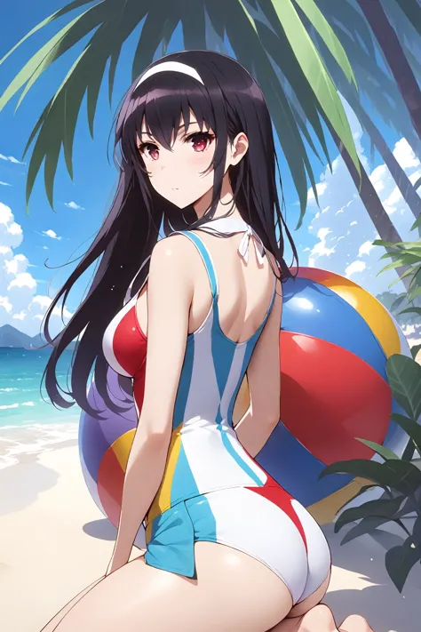 colorful swimsuits，a pair of sunglasses，normal behavior，kneeling on the beach，a beautiful  woman， black hair, （solo：1.2），（highes...