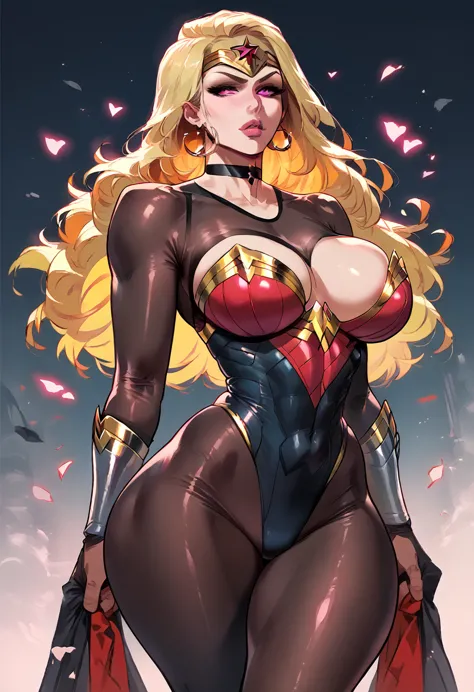 best quality, solo mature wonder woman, giant breasts, giant ass, very curvy, blonde styled hair, mavuelous pink eyes, full lips...