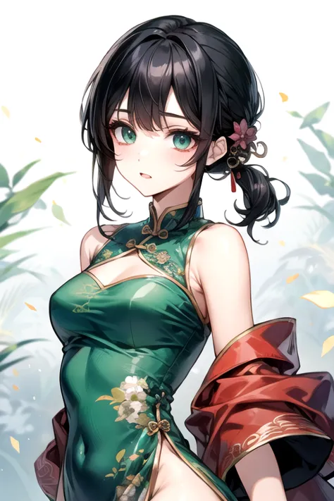 (highest quality)、(highest quality)、cute、(choker).eyes are emerald、(chinese dress)、((black hair)).