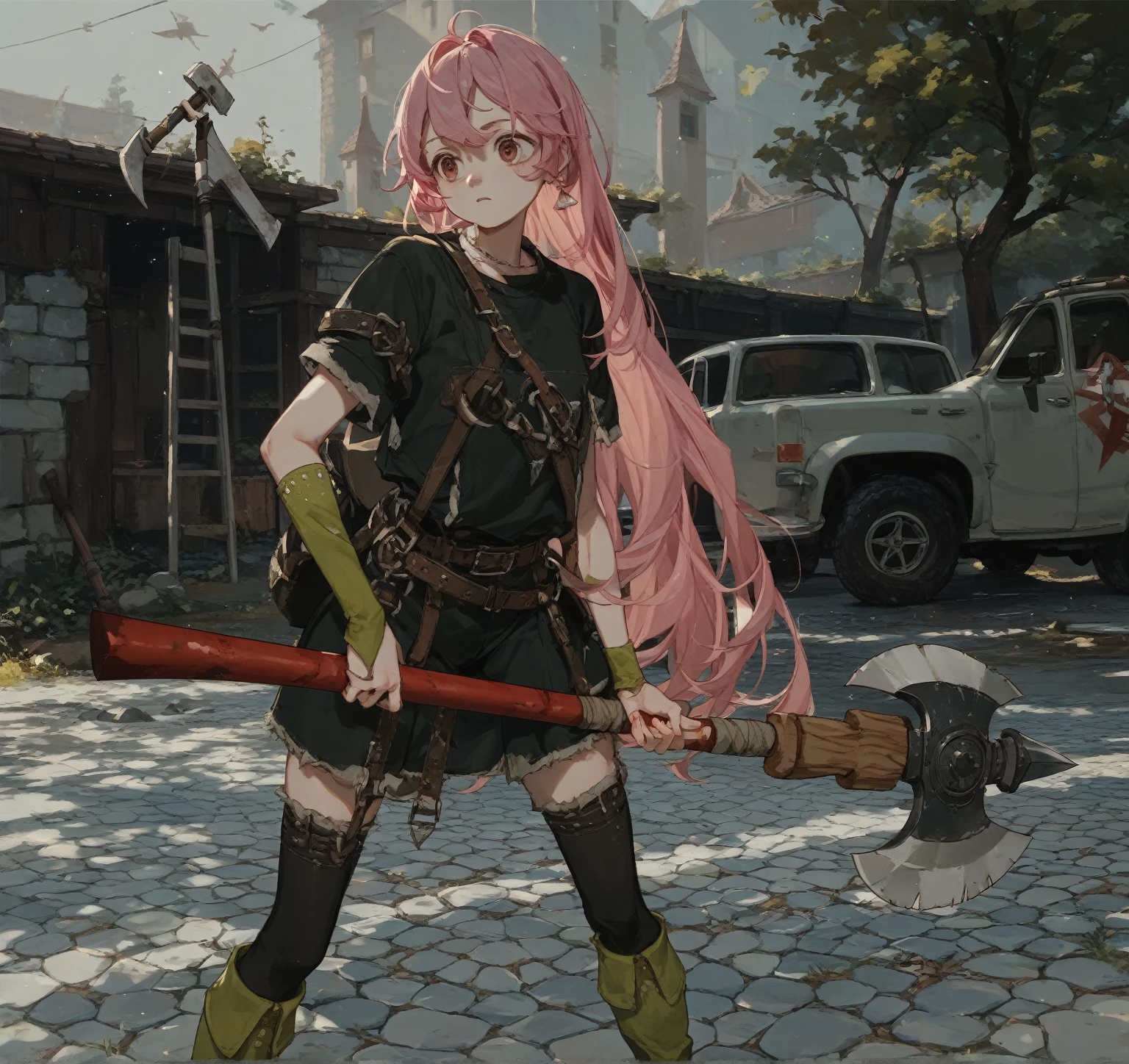 Female 1、Pink Hair、Long Hair、Holding a single-edged axe、she is having a fire axe, Eyes wide open、looking at the camera、I&#39;m trying to kill you、Pickup Truck、cloudy、dead tree、Abandoned house