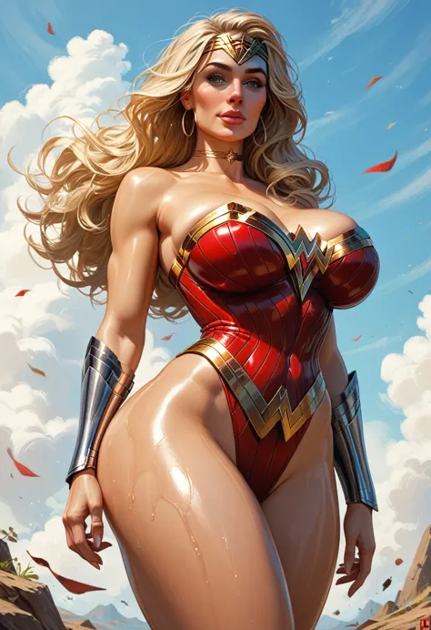 best quality, solo mature wonder woman, giant breasts, giant fat ass, very curvy, blonde styled hair, mavuelous pink eyes, full ...