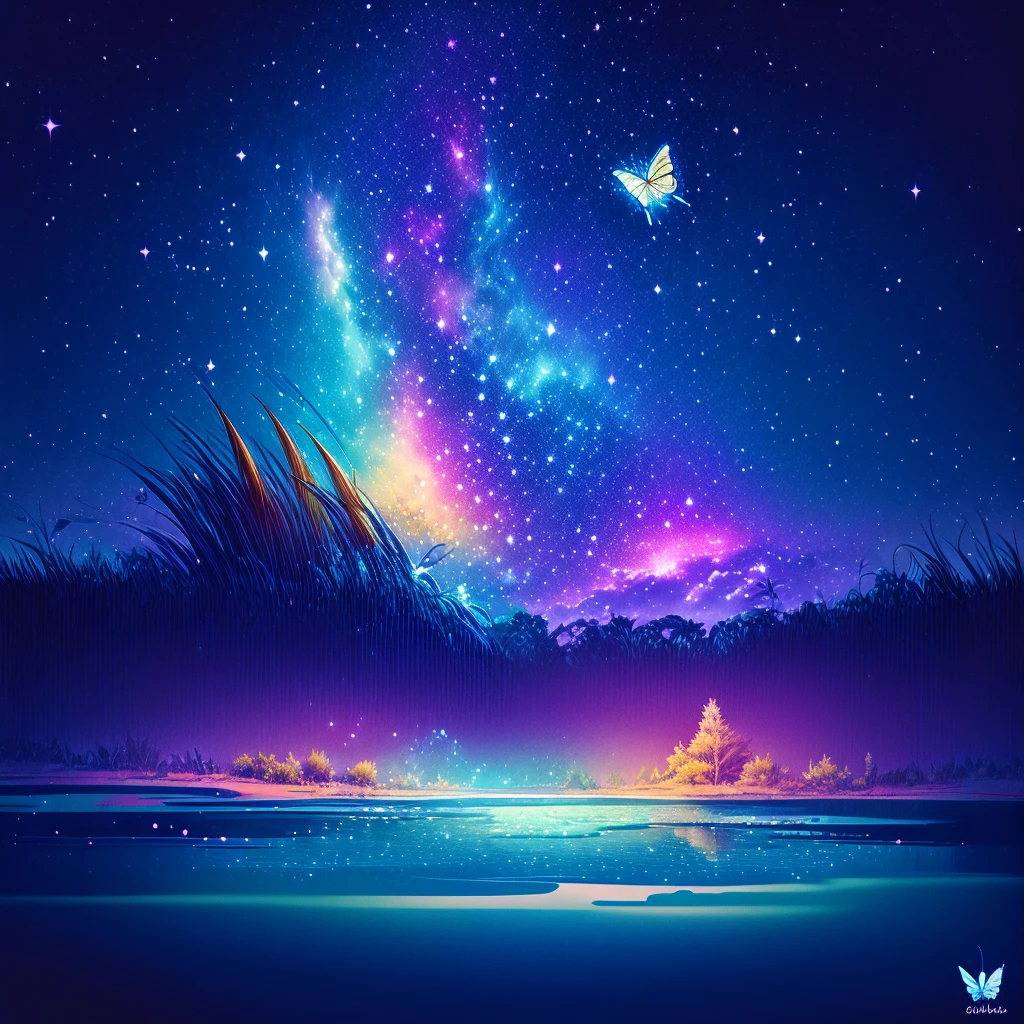 Cute girl characters、Iridescent grass々Drawing a butterfly flying over the water, Looking up at the starry sky. Surround her with colorful nebulae and colorful forests.