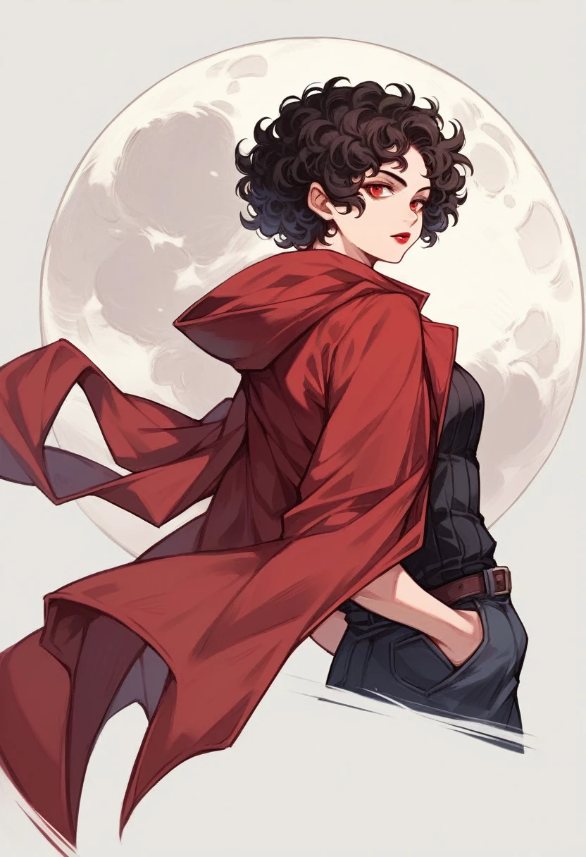 score_9, score_8_up, score_7_up, score_6_up, score_5_up, score_4_up, source_anime, SFW, 1girl, red eyes, short black curly hair, red lipstick, wearing back vests, red cloak, hand in pocket, full moon background