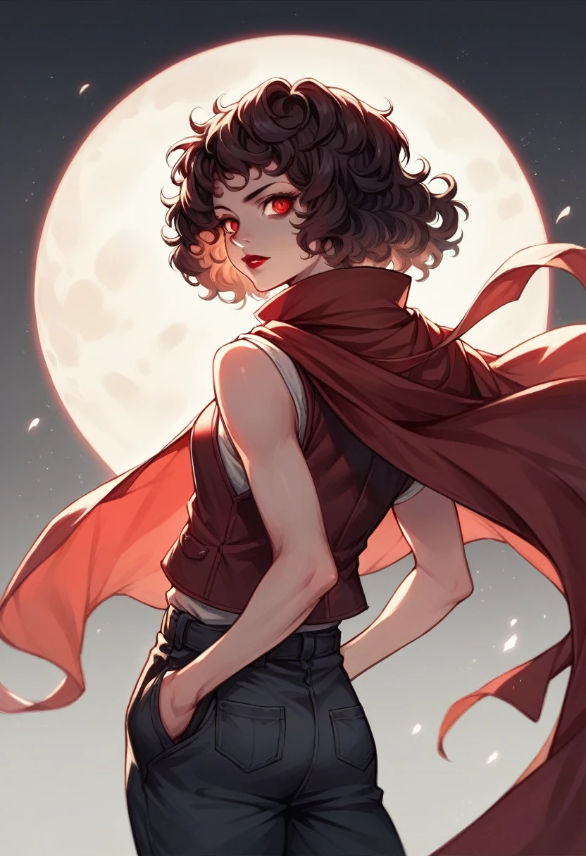 score_9, score_8_up, score_7_up, score_6_up, score_5_up, score_4_up, source_anime, SFW, 1girl, red eyes, short black curly hair, red lipstick, wearing back vests, red cloak, hand in pocket, full moon background