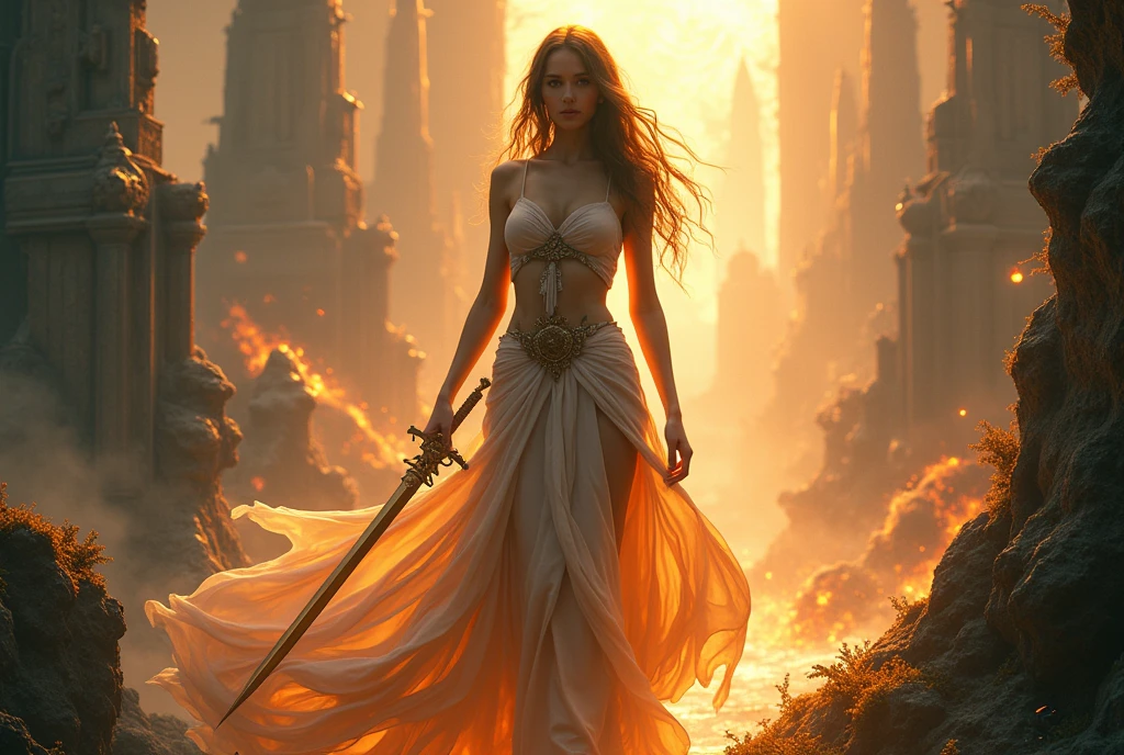 Alice in the Land of swords and sorcery,, ((masterpiece, Highest quality, Best image quality, High resolution, Realistic, RAW Photos, 8k, Highly detailed CG synthesis 8k wallpaper)), (Huge and stunning goddess shot, Very hot and sexy, Incredible beauty, Perfect Proportions, Beautiful body, Slim body beauty:1.4), view from above,