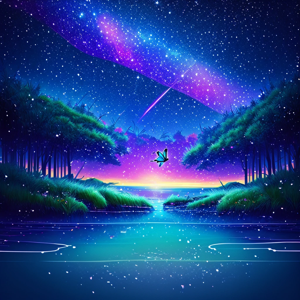 Cute girl characters、Iridescent grass々Drawing a butterfly flying over the water, Looking up at the starry sky. Surround her with colorful nebulae and colorful forests.