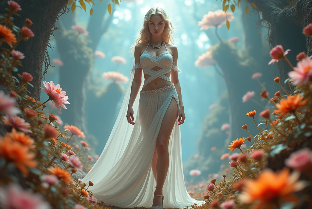 Alice in the Land of swords and sorcery,, ((masterpiece, Highest quality, Best image quality, High resolution, Realistic, RAW Photos, 8k, Highly detailed CG synthesis 8k wallpaper)), (Huge and stunning goddess shot, Very hot and sexy, Incredible beauty, Perfect Proportions, Beautiful body, Slim body beauty:1.4), view from above,