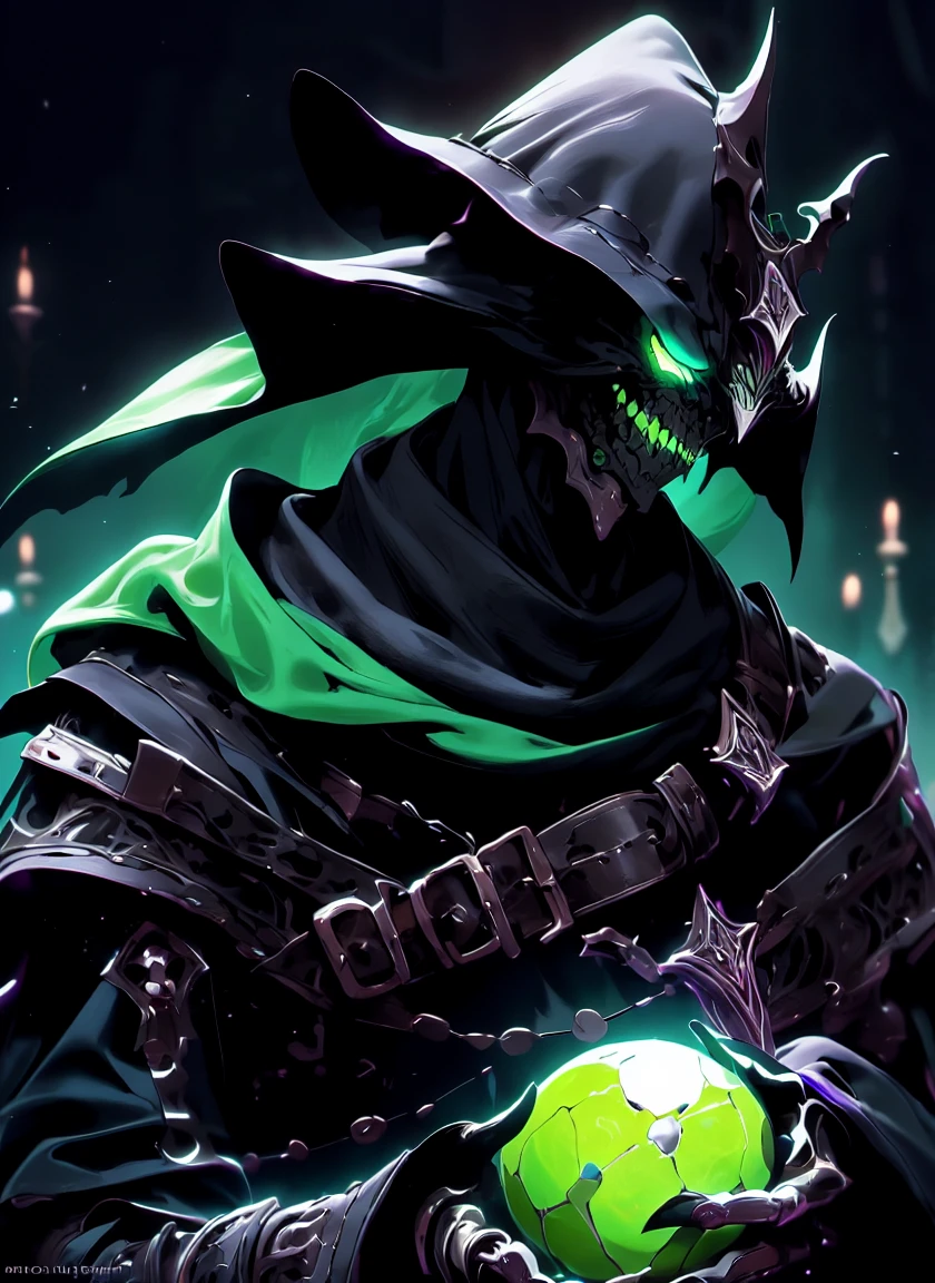 a close up of a person holding a green ball in their hand, lich vecna (d&d), dark cloaked necromancer, undead mage, d & d lich, portrait of the old necromancer, male necromancer, portrait of the necromancer, necromancer, undead lich, lich demon mage class