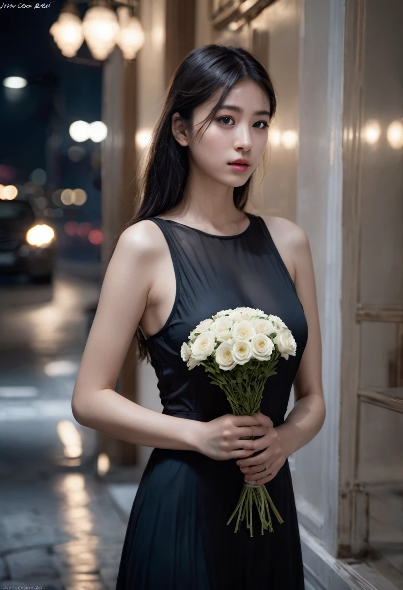 (photorealistic, masterpiece, best quality, highly detailed),1girl,8k wallpaper,extremely detailed figure, amazing beauty, detailed characters, indoor,black dress, holding flowers, light and shadow, depth of field, light spot, reflection,upper body,nigth,street, ,ivi