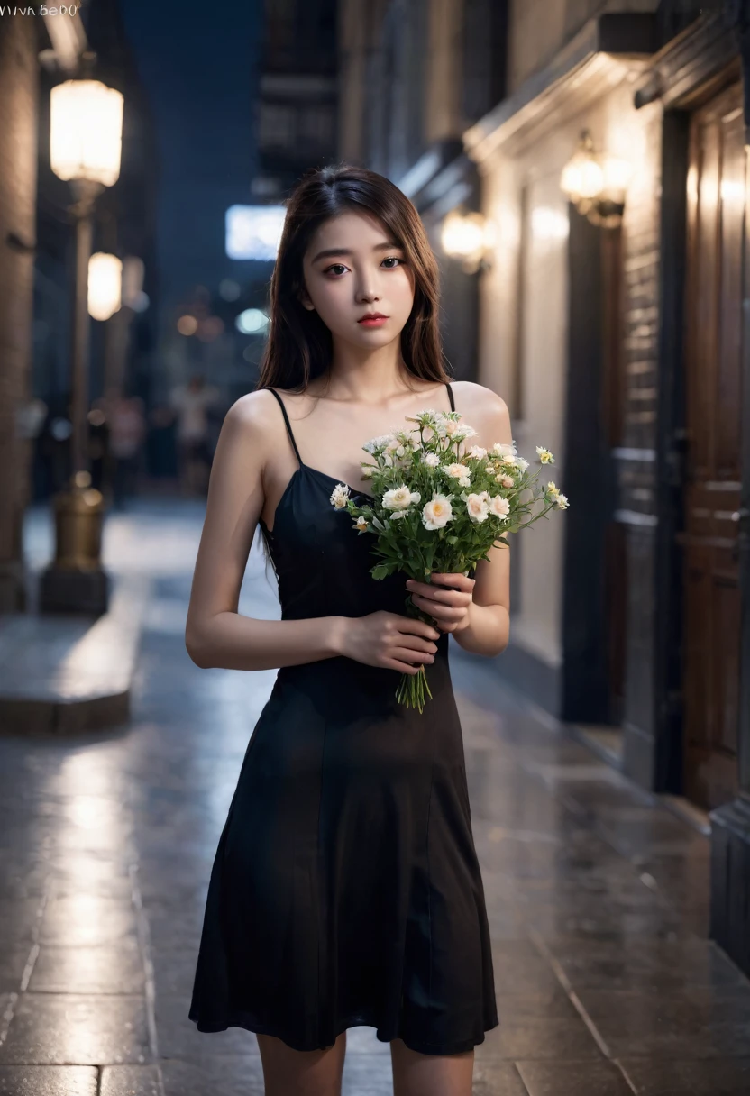 (photorealistic, masterpiece, best quality, highly detailed),1girl,8k wallpaper,extremely detailed figure, amazing beauty, detailed characters, indoor,black dress, holding flowers, light and shadow, depth of field, light spot, reflection,upper body,nigth,street, ,ivi