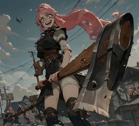 female 1、pink hair、long hair、ponytail、holding a single-edged axe、she is having a fire axe, eyes wide open、crazy smile、looking at...