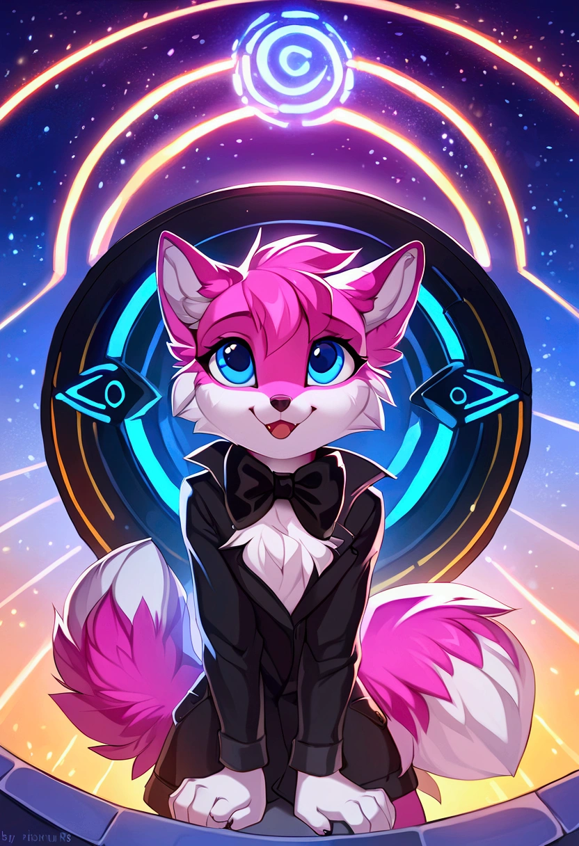 mammal, canid, canine, fox, [digital_painting: iskra, hioshiru:0.75], pink_fur, dual-tone_fur, blue_eyes, :3, black_coat, black_shirt, bow_tie, pink_tail, excited, green_hill_zone, day, amazing_background, detailed, outside, sky, solo, mid, 2018, hi_res, masterpiece, best_quality