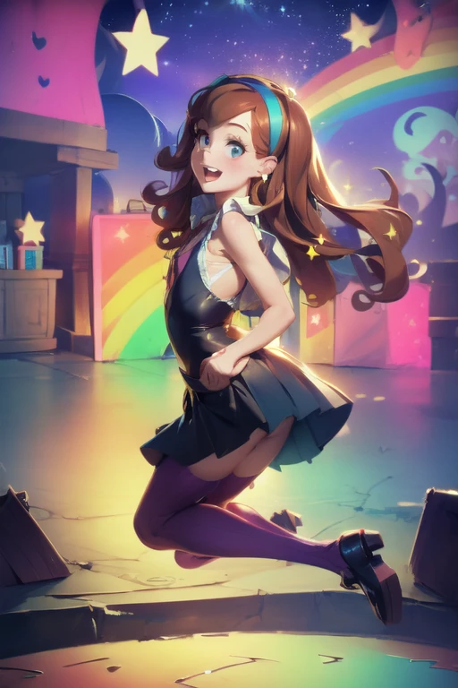 (Moderate:1.1), Make colors vibrate, Mabel Pines, , Brown Hair, Long Hair, hair band, Flat Chest, Beautiful attention to detail, Beautiful lip detail, smile, Braces, Open your mouth, sweet, skirt, shoes, Star pattern, Outdoor, Gravity Falls Set, rainbow, performer, Glitter，