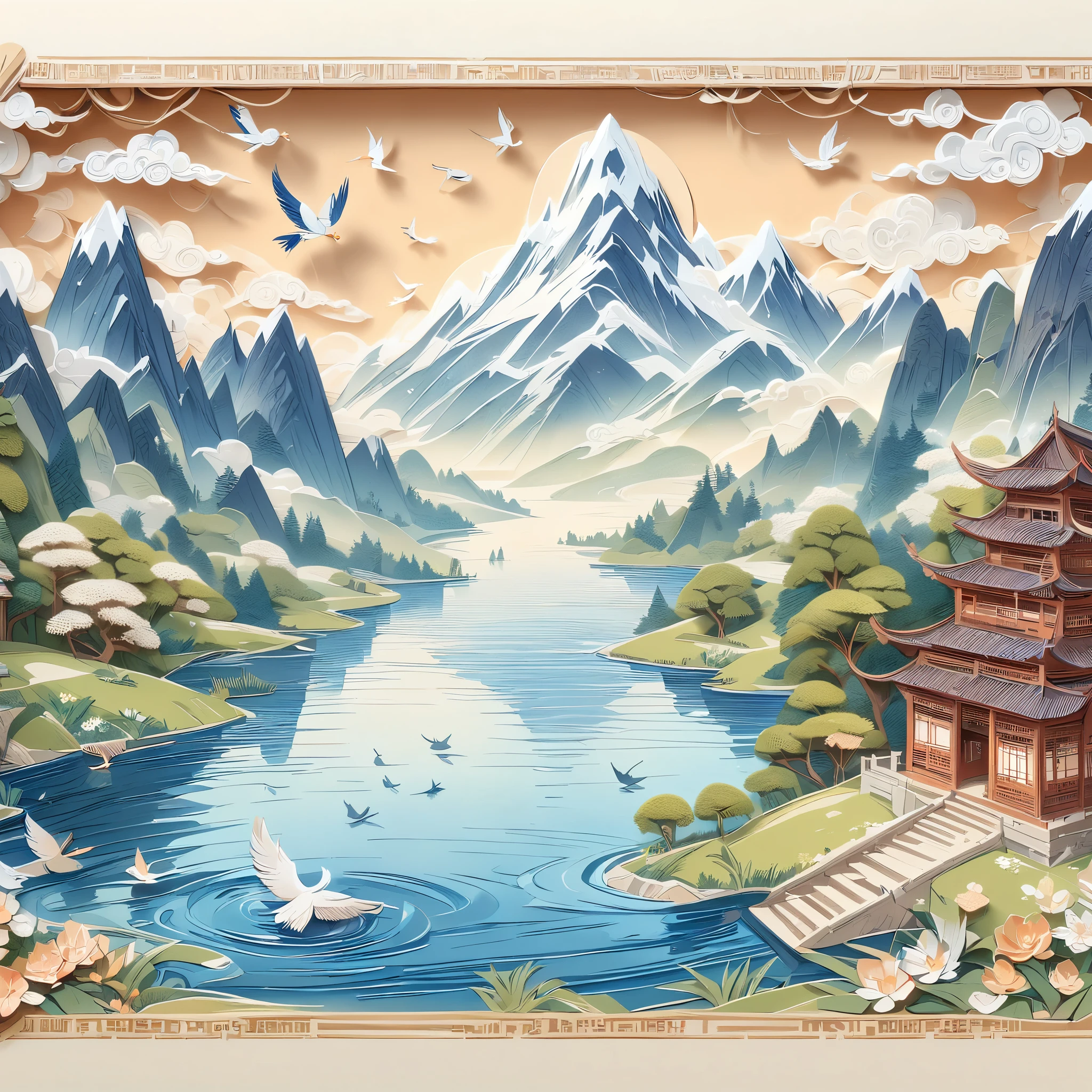 (masterpiece, best quality:1.2), Embossed paper, Solitary，Paintings of mountain lakes，A castle in the background，The foreground is trees，A bird flies on the water