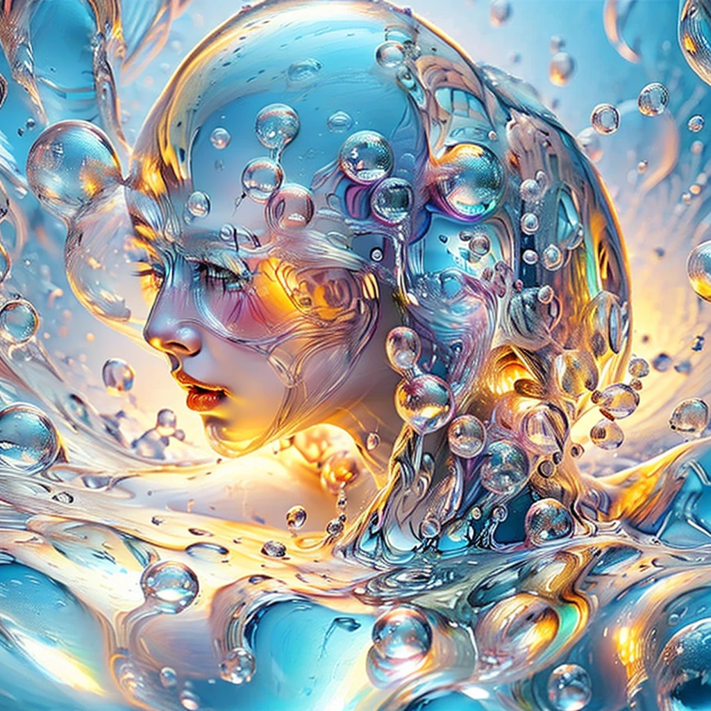 photo REAL,Highest quality,girl,Laughter,Colorful colors,surrounded by water bubbles,In kawacy style,masterpiece,Polka dots in oil painting,(Head close-up:2),Tyndall effect,Water Drop,Mother-of-pearl iris,holographic white,(face_concentrated:1.5),