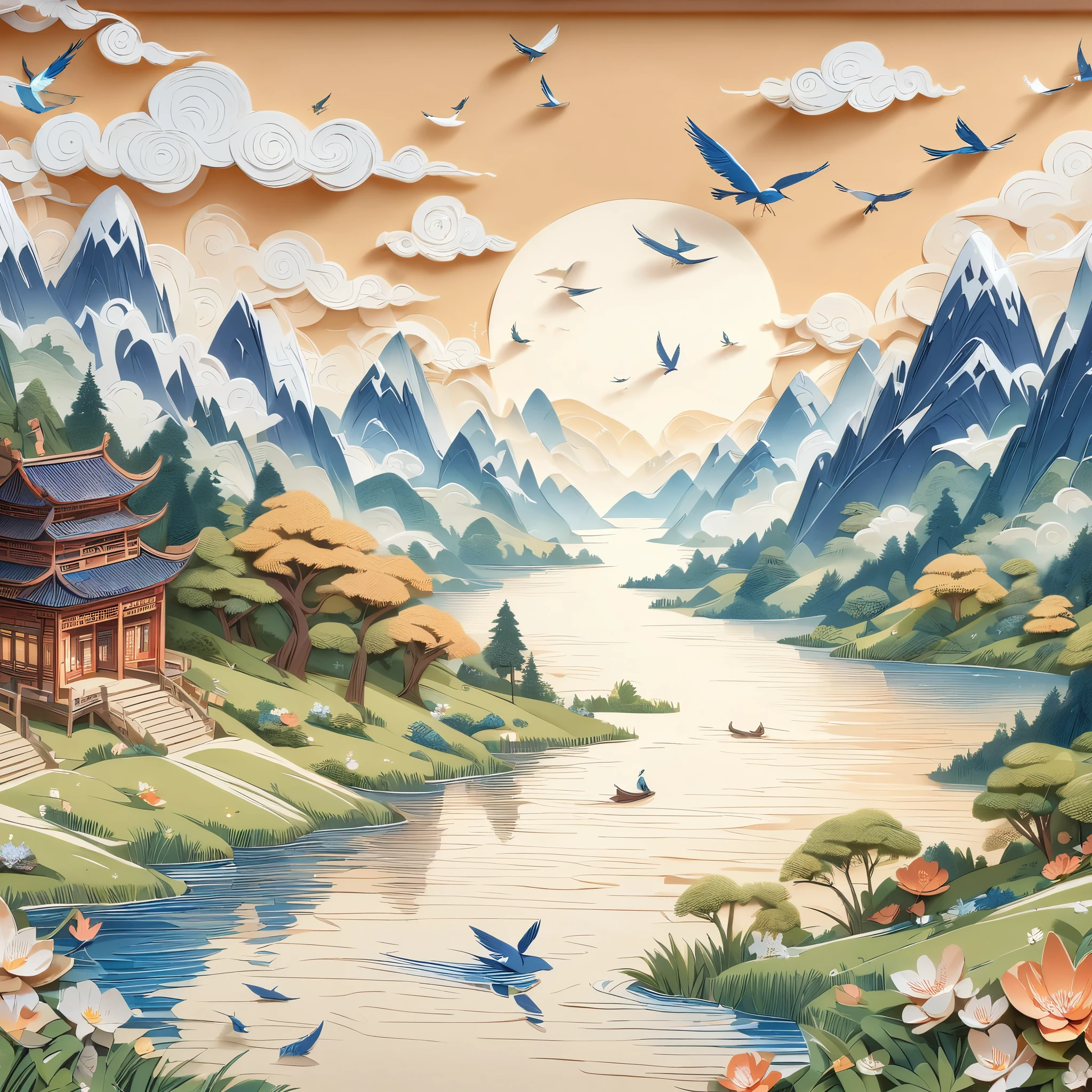 (masterpiece, best quality:1.2), Embossed paper, Solitary，Paintings of mountain lakes，A castle in the background，The foreground is trees，A bird flies on the water