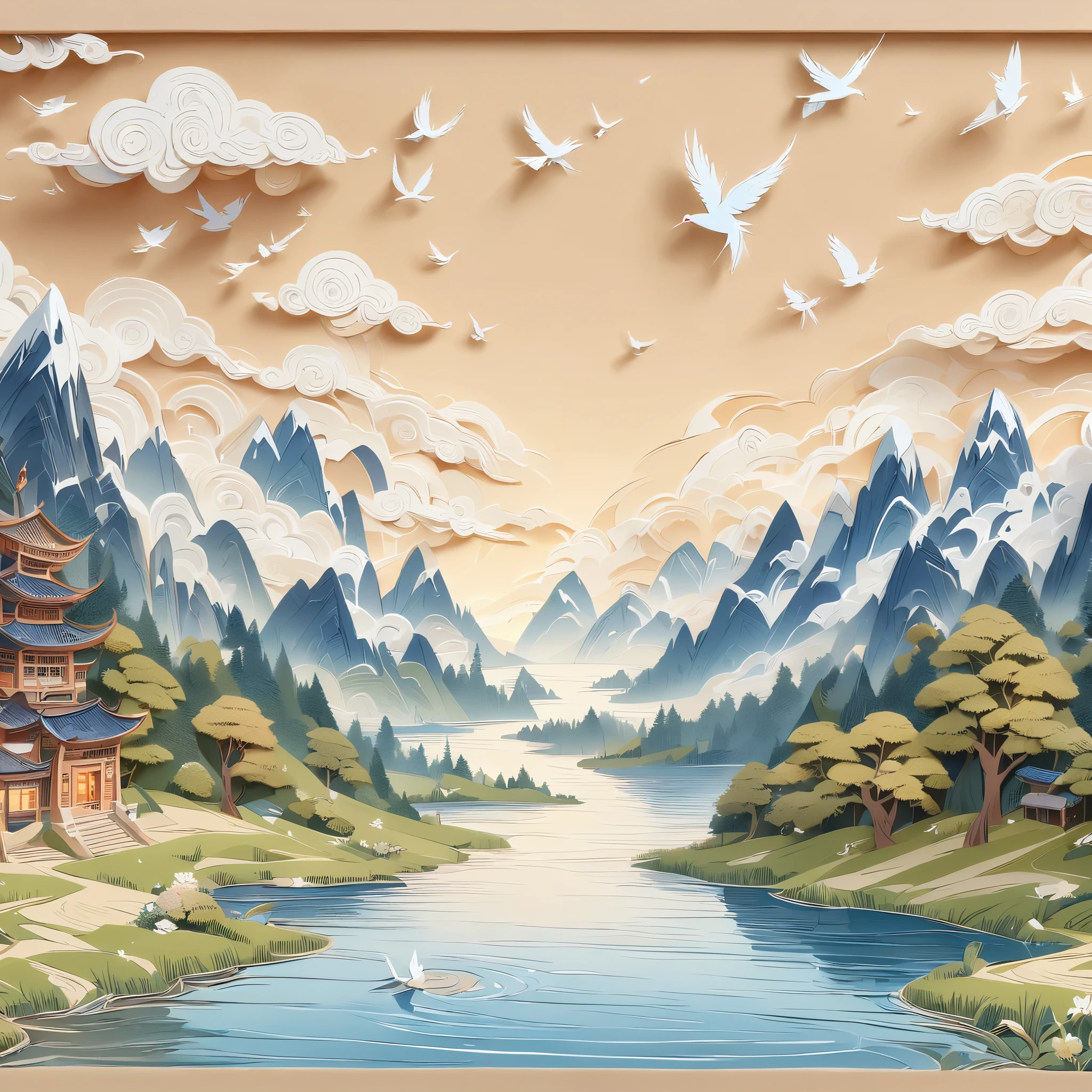 (masterpiece, best quality:1.2), Embossed paper, Solitary，Paintings of mountain lakes，A castle in the background，The foreground is trees，A bird flies on the water