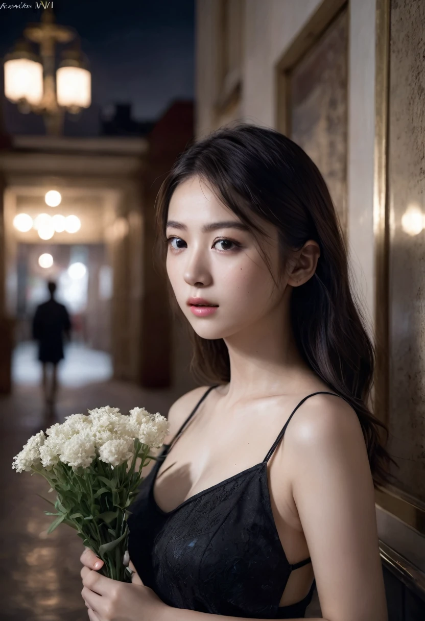 (photorealistic, masterpiece, best quality, highly detailed),1girl,8k wallpaper,extremely detailed figure, amazing beauty, detailed characters, indoor,black dress, holding flowers, light and shadow, depth of field, light spot, reflection,upper body,nigth,street, ,ivi