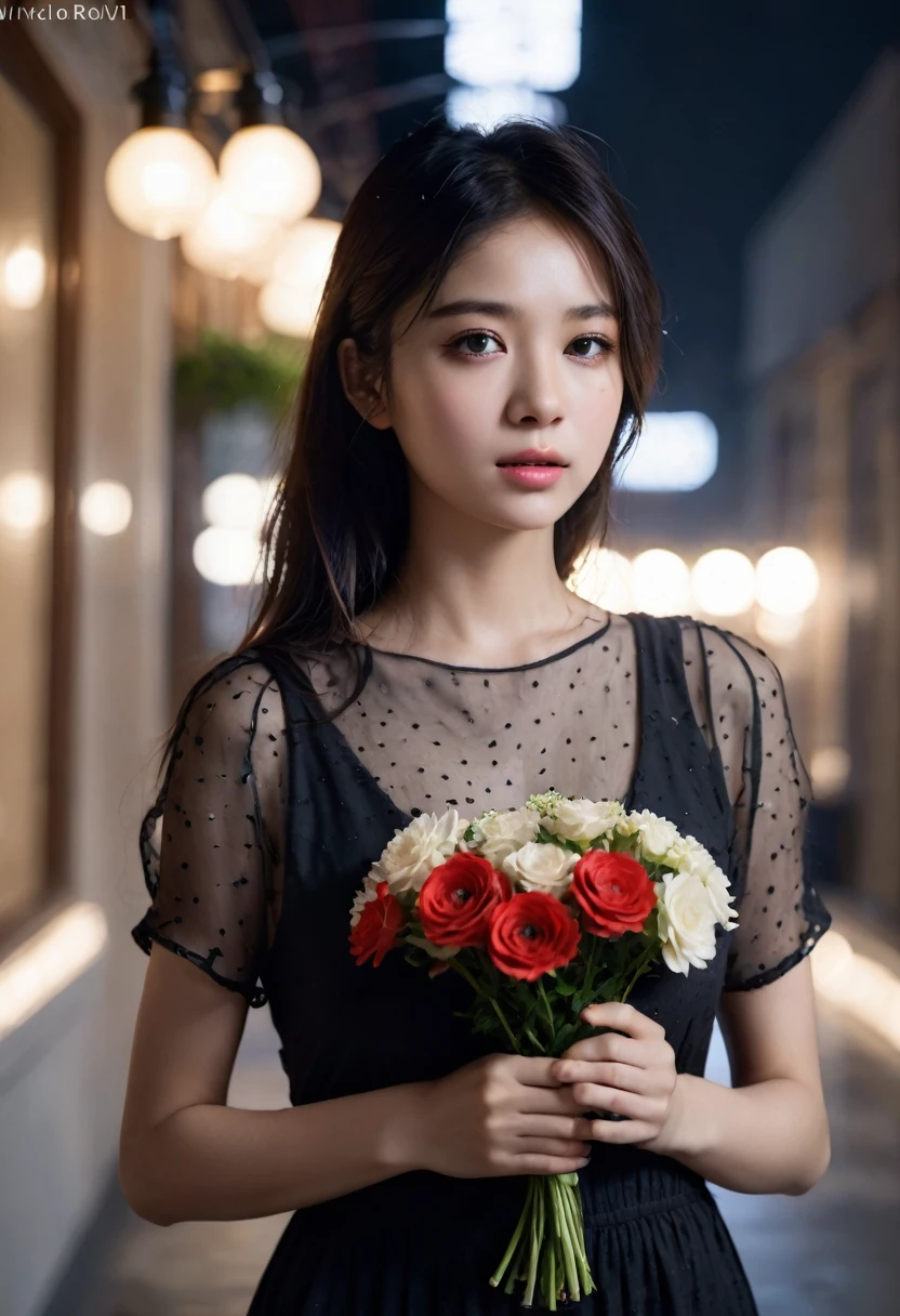 (photorealistic, masterpiece, best quality, highly detailed),1girl,8k wallpaper,extremely detailed figure, amazing beauty, detailed characters, indoor,black dress, holding flowers, light and shadow, depth of field, light spot, reflection,upper body,nigth,street, ,ivi