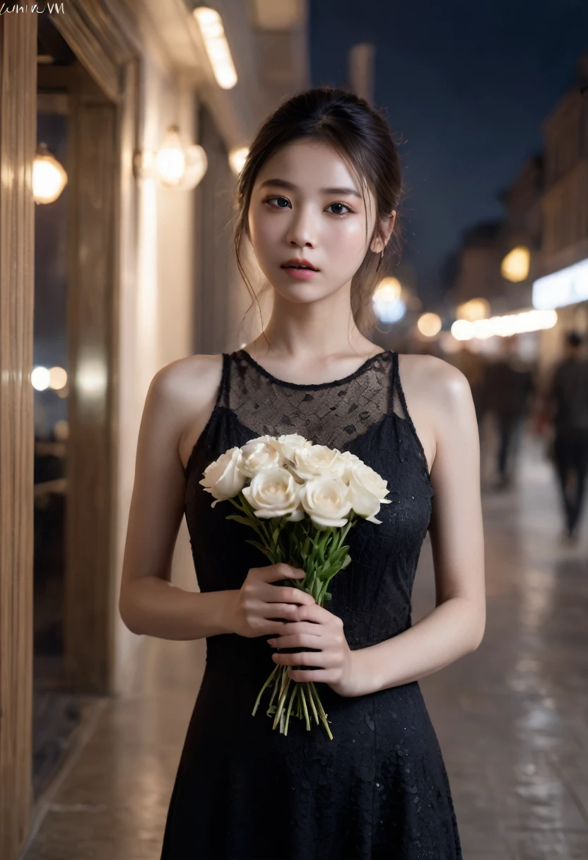 (photorealistic, masterpiece, best quality, highly detailed),1girl,8k wallpaper,extremely detailed figure, amazing beauty, detailed characters, indoor,black dress, holding flowers, light and shadow, depth of field, light spot, reflection,upper body,nigth,street, ,ivi