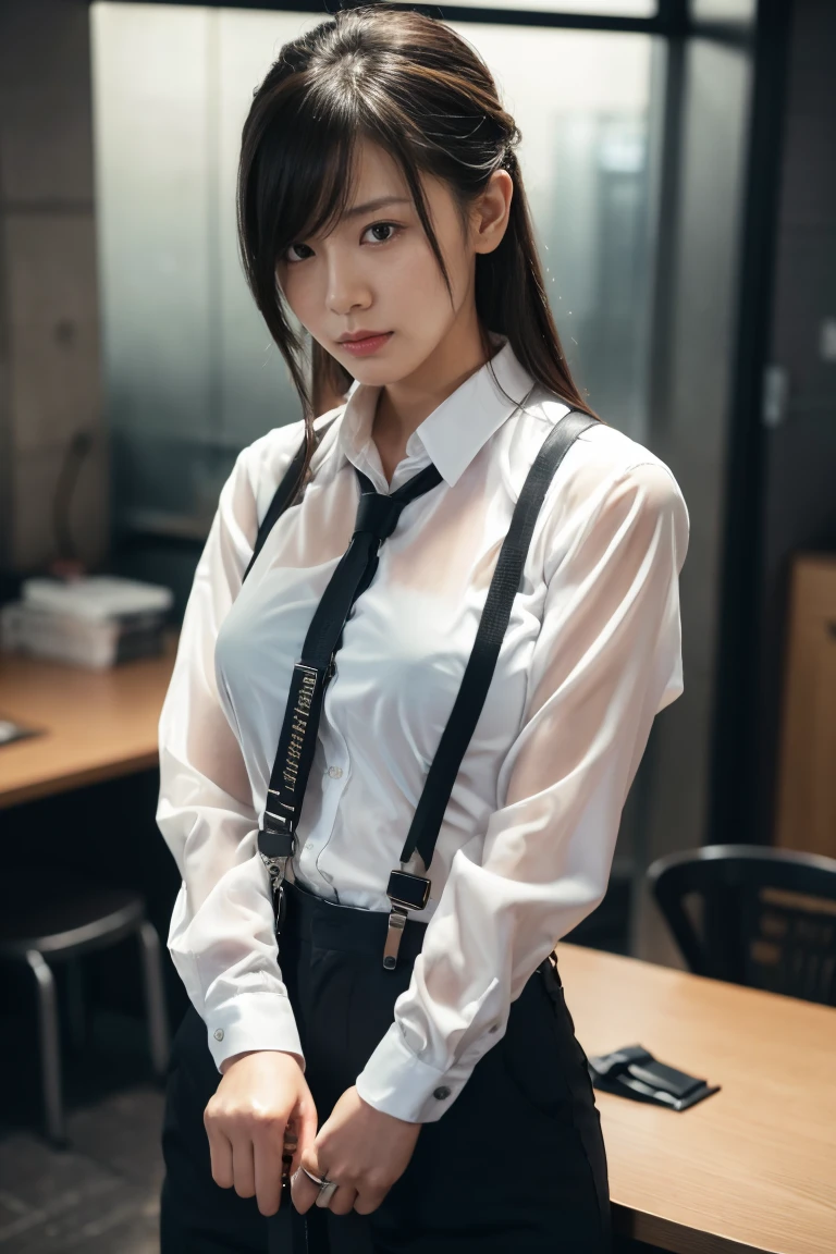 a woman in a suit, belt, hands behind back, sweating, suspenders, black pants, sexly, large breasts, see-through clothing, rain, detective, office worker, white button-up shirt, (best quality,4K,8k,highres,masterpiece:1.2),ultra-detailed,(realistic,photorealistic,photo-realistic:1.37),hyper-detailed,highly detailed face and body, Slender　thin　suspenders　Moderate breasts　See-through shirt　Nipples　holster　chain　Pistol　Armament　criminal　Female criminal　knife　japanese　profile　Japanese women　arrested handcuff　belt
