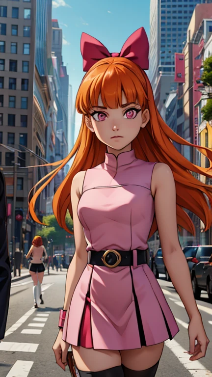 (Teens:1girl: blossom), (extremely detailed CG unit 8k wallpaper),(master part), (best quality), (ultra detail), (best illustration),(city scene), cowboy shot, (Sharp eyeliner, ombre, detailed eyes:1), landscape, building, outdoor, ,break , (DcauGirls), upper body, orange hair, long hair, blunt bangs, pink eyes)
(bow, dress, belt, thighhighs,