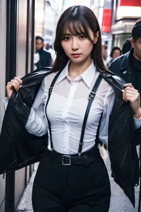 a woman in a suit, belt, hands behind back, sweating, suspenders, black pants, sexly, large breasts, see-through clothing, rain,...