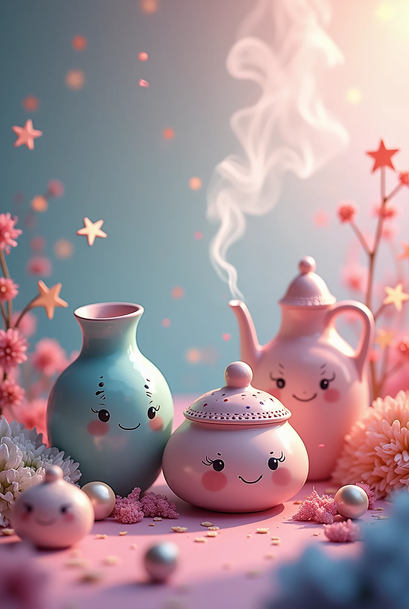 Cute Background、Pottery with cute faces、Glossy Pottery