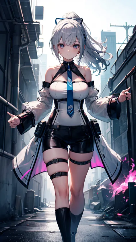 (tabletop), (perfect athletic body:1.2), anime style, whole body, cyberpunk girl,  wearing a cyber costume, black and purple fla...