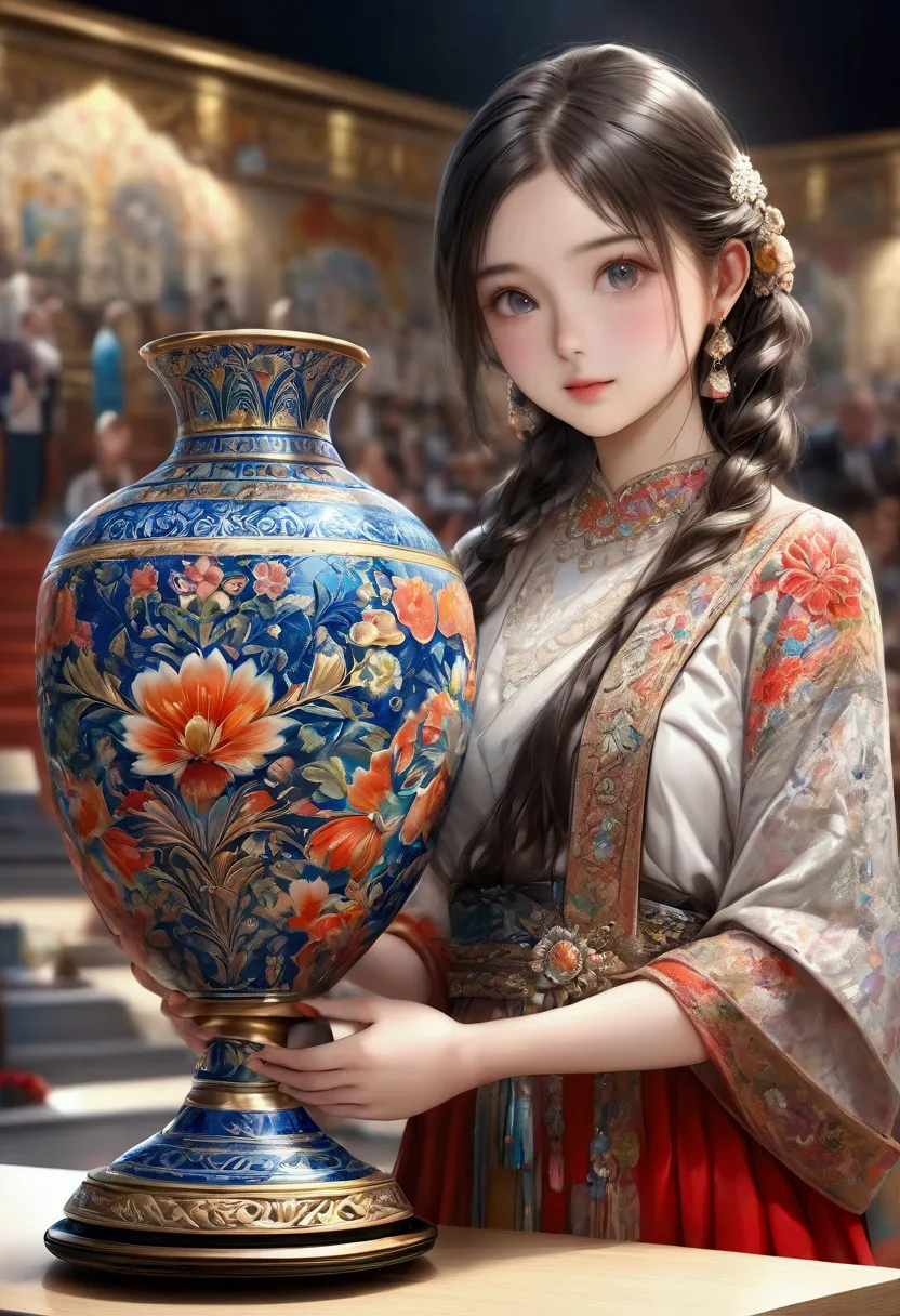 beautiful cute award winner girl,  holding ceramics vase trophy at the award ceremony, a stylish championship ceramics vase trop...