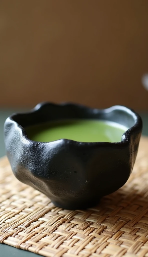 rakuyaki, black cylindrical chawan, rugged, Not uniform from side to side, Formative forms that seem to express emotions as they are, maccha tea, tatami, photorealistic, 