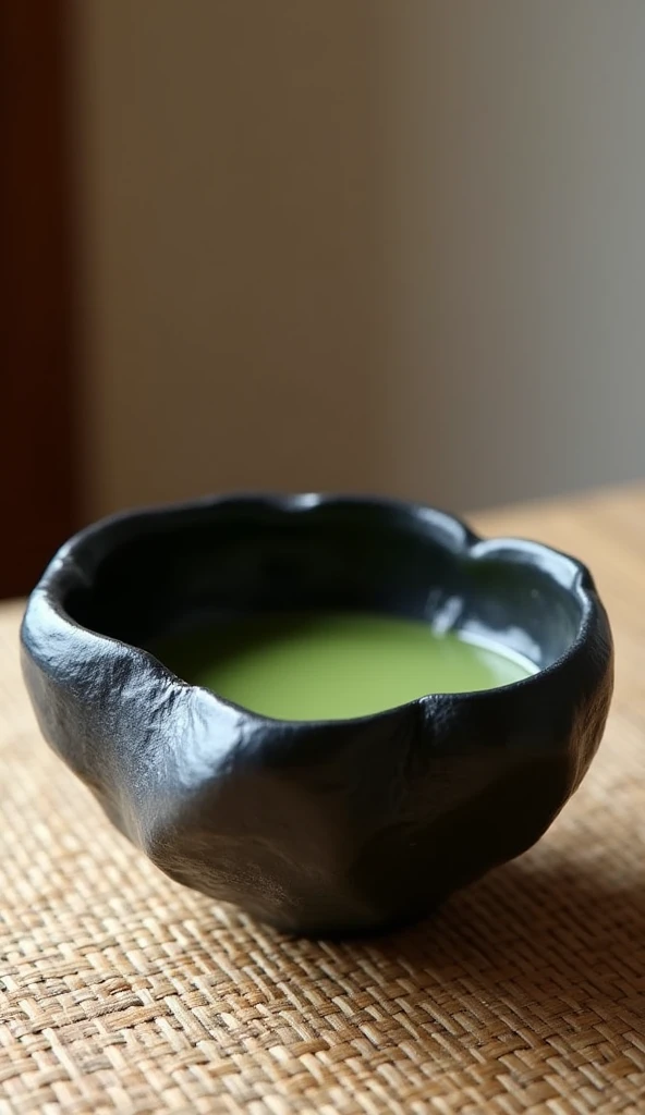 rakuyaki, black cylindrical chawan, rugged, Not uniform from side to side, Formative forms that seem to express emotions as they are, maccha tea, tatami, photorealistic, 