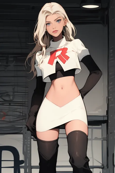 the face of lorengray, team rocket,team rocket uniform, red letter r, white leather skirt,white leather crop top,black thigh-hig...