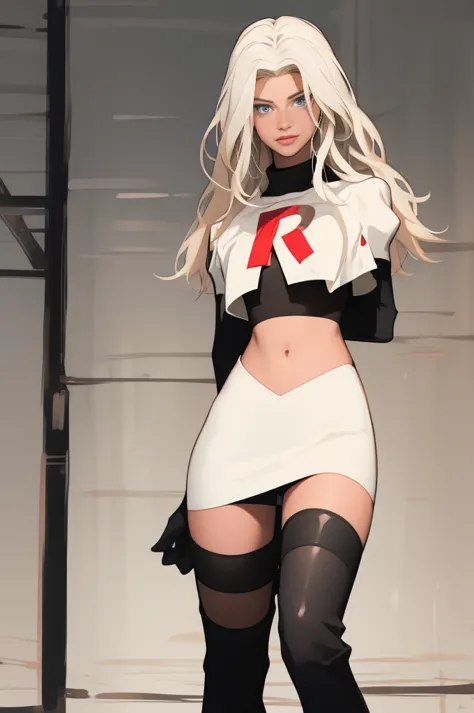 the face of lorengray, team rocket,team rocket uniform, red letter r, white leather skirt,white leather crop top,black thigh-hig...