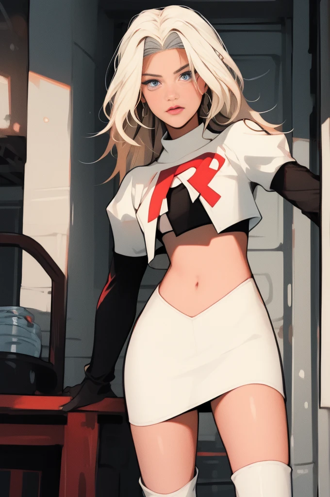 the face of lorengray, team rocket,team rocket uniform, red letter R, white leather skirt,white leather crop top,black thigh-highs,black elbow gloves,