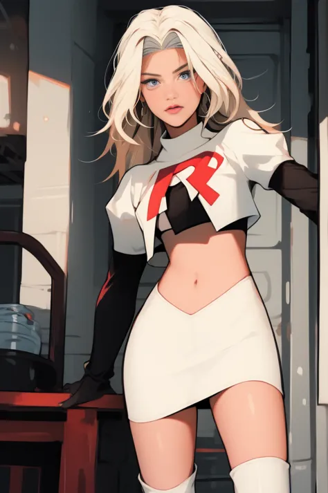 the face of lorengray, team rocket,team rocket uniform, red letter r, white leather skirt,white leather crop top,black thigh-hig...