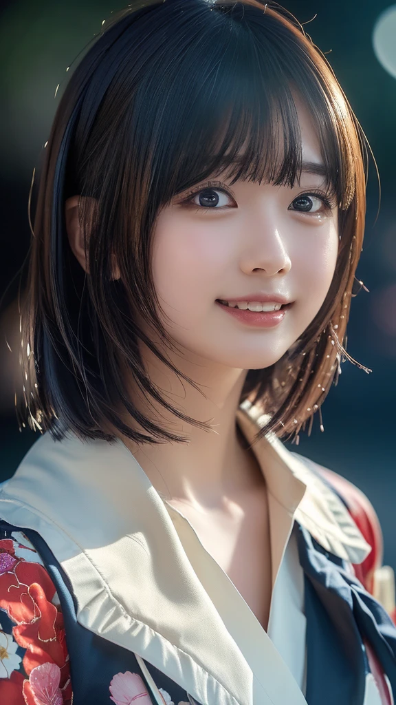 ((masterpiece, Highest quality, High resolution)), Japanese schoolgirl、(Realistic: 1.4), A shy smile、Mouth closed、shut up.、Great face,Glossy Lips、, Silver short hair, (Beautiful Hair:1.5), Flower pattern kimono、Cleavage、Flower Hair Ornaments、At the Beach、Fireworks at night、Looking up at the fireworks、Fireworks viewing、Side Angle, Smooth, Highly detailed CG composite 8K wallpaper, High resolutionのRAWカラー写真, Professional photography, Light, BackLight, impressive, Written boundary depth, (Face close-up:1.4)