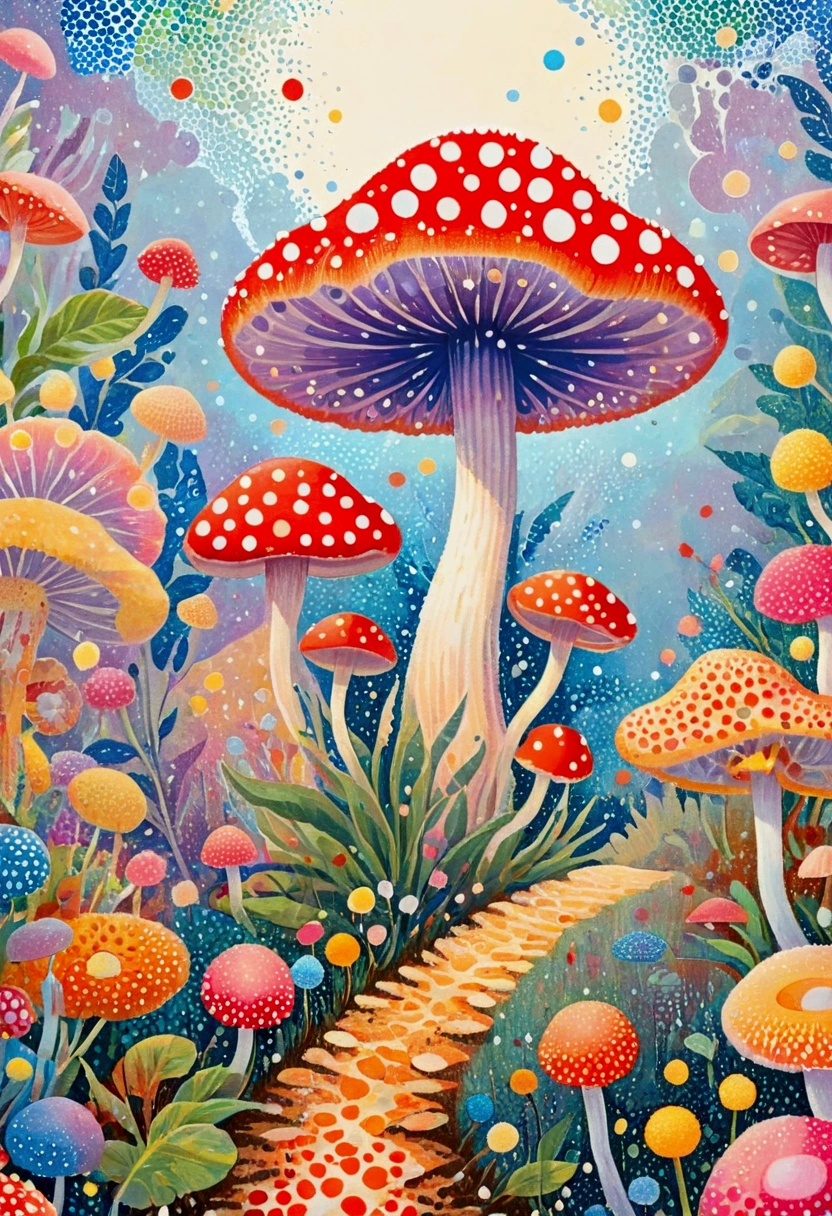 There is a painting，It's a flower，There are many points on it, Extremely detailed paintings inspired by Haruki Murakami, flickr, Pointillism, psychedelic mumushroom dream, Whimsical and psychedelic, dreamy painting of coronavirus, psychedelic mumushroom, mumushroom and peyote at the base, intricate organic, Fungi and plants, mushroom