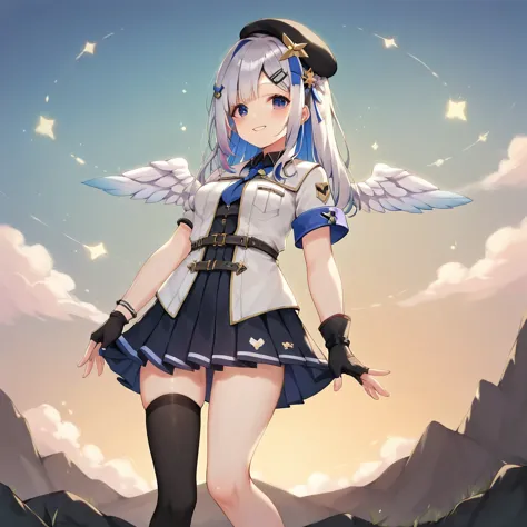 kanatan_wrk,
1girl,
solo,
beret,
thighhighs,
hair ornament,
single thighhigh,
partially fingerless gloves,
pleated dress,
angel ...