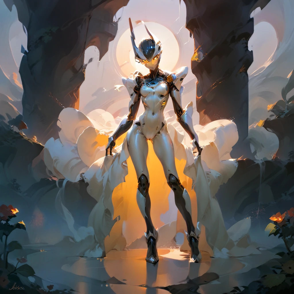 a uncanny feminine robot , highly skinny,long arms,long legs,big shoulder, beautiful glowing robotic eyes,full body,liquid reflecting metal and polished weird humanoid body, glossy metallic skin, advanced machinery alien parts, dynamic pose, dramatic lighting, landscape background, cinematic composition, 8k, high resolution, masterpiece